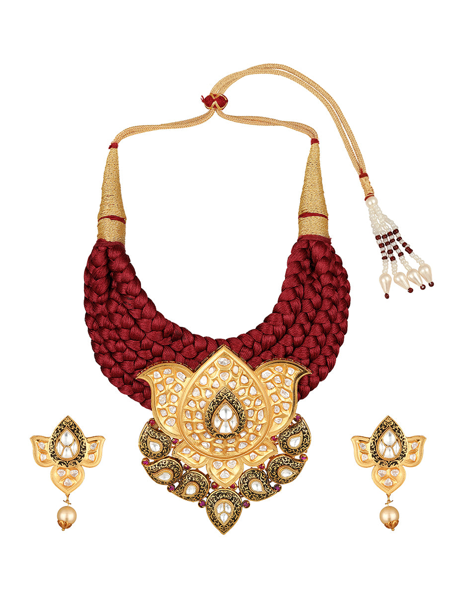 Golden polished brass Necklace With Maroon Silk Thread