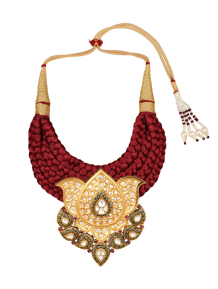 Golden polished brass Necklace With Maroon Silk Thread