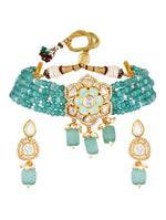 Golden polished Necklace with Kundan Polki, Agate, White Shell Pearls. Hand-Paint