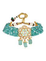 Golden polished Necklace with Kundan Polki, Agate, White Shell Pearls. Hand-Paint