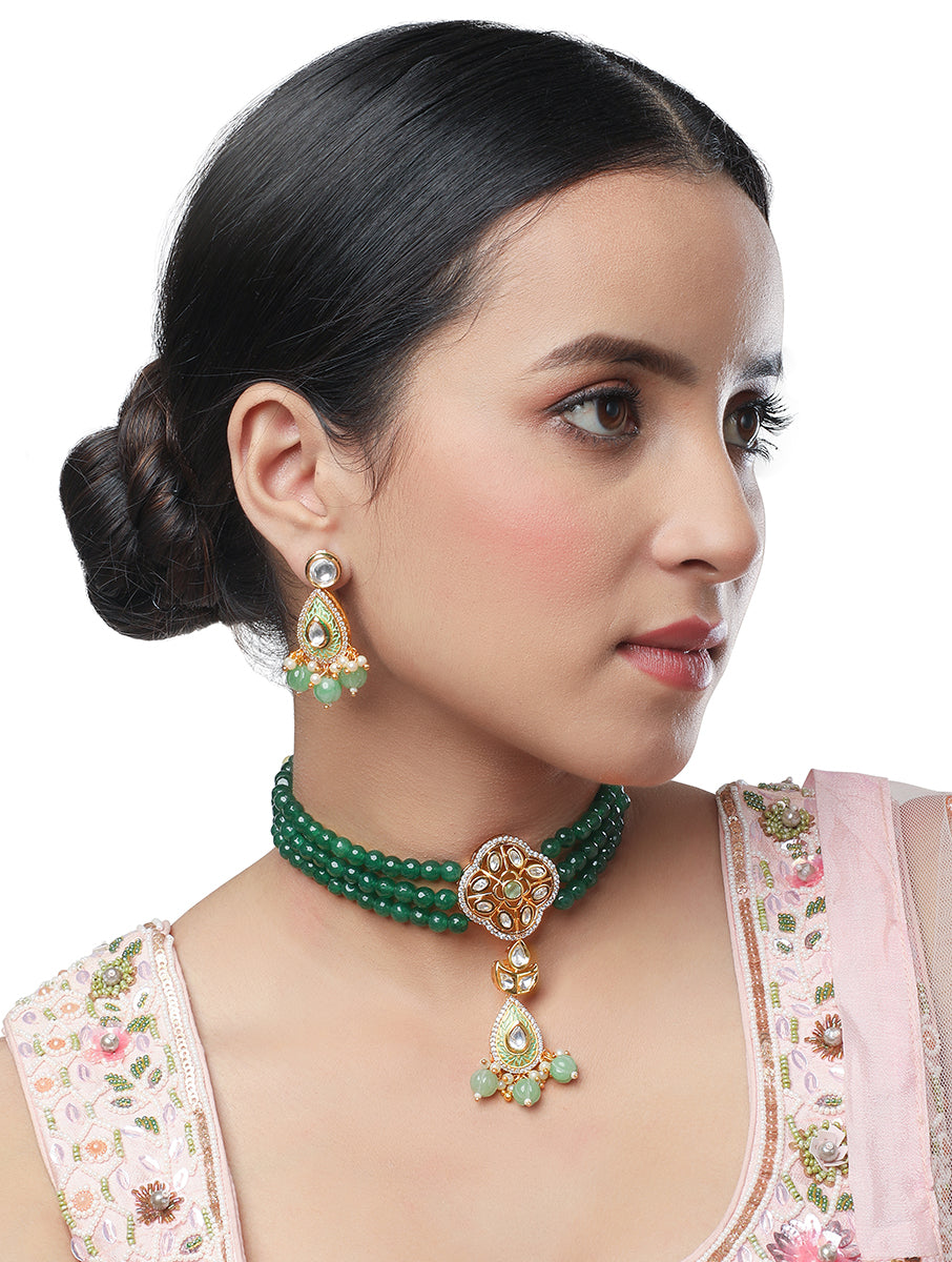 Gold color polished Necklace with Green Agates, Pearls, Hand-Paint Meena work