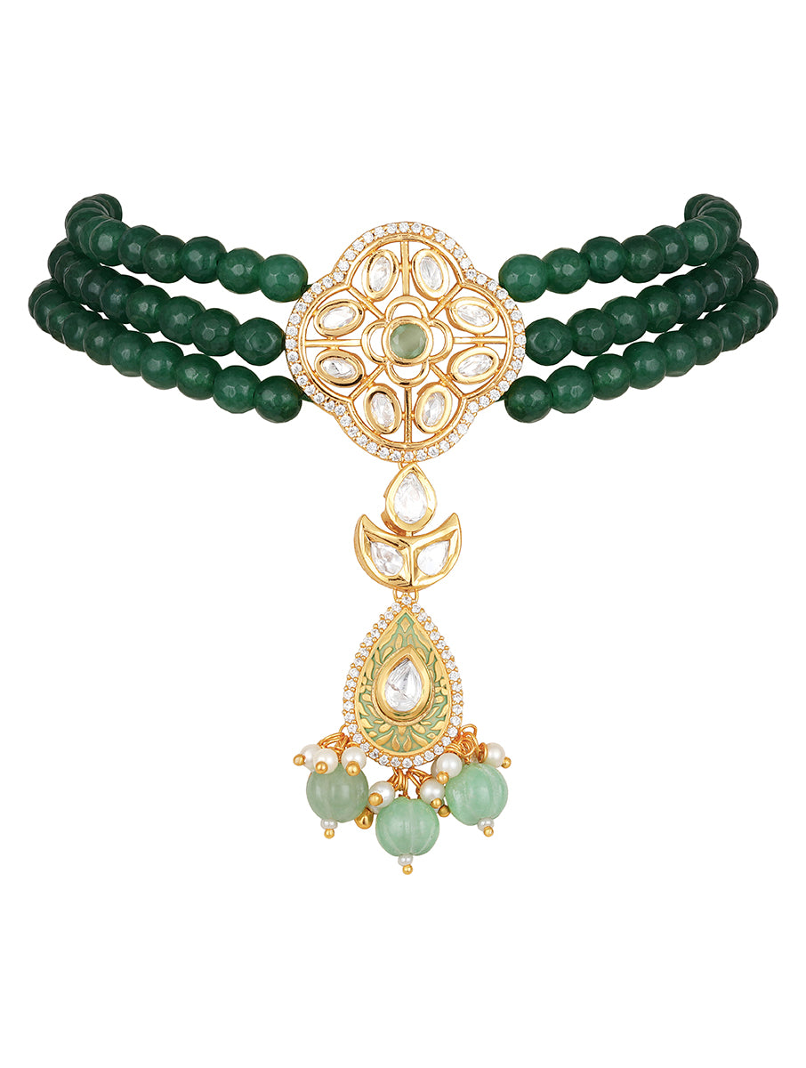 Gold color polished Necklace with Green Agates, Pearls, Hand-Paint Meena work