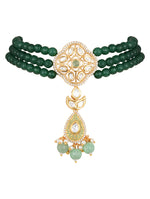 Gold color polished Necklace with Green Agates, Pearls, Hand-Paint Meena work