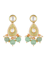 Gold color polished Necklace with Green Agates, Pearls, Hand-Paint Meena work