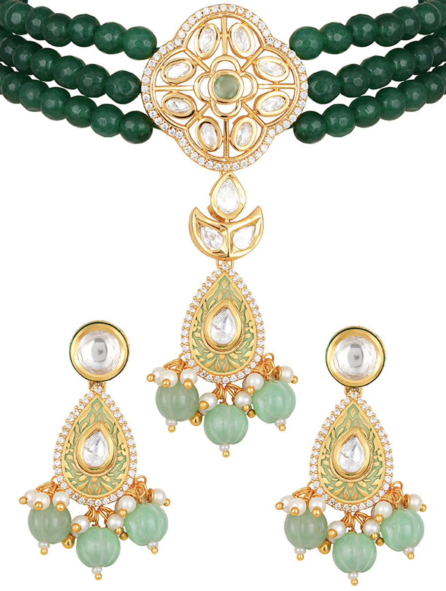 Gold color polished Necklace with Green Agates, Pearls, Hand-Paint Meena work