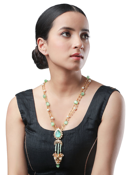 Golden polished brass Necklace with Kundan, & Onyx tumbles, Agate, Shell Pearls