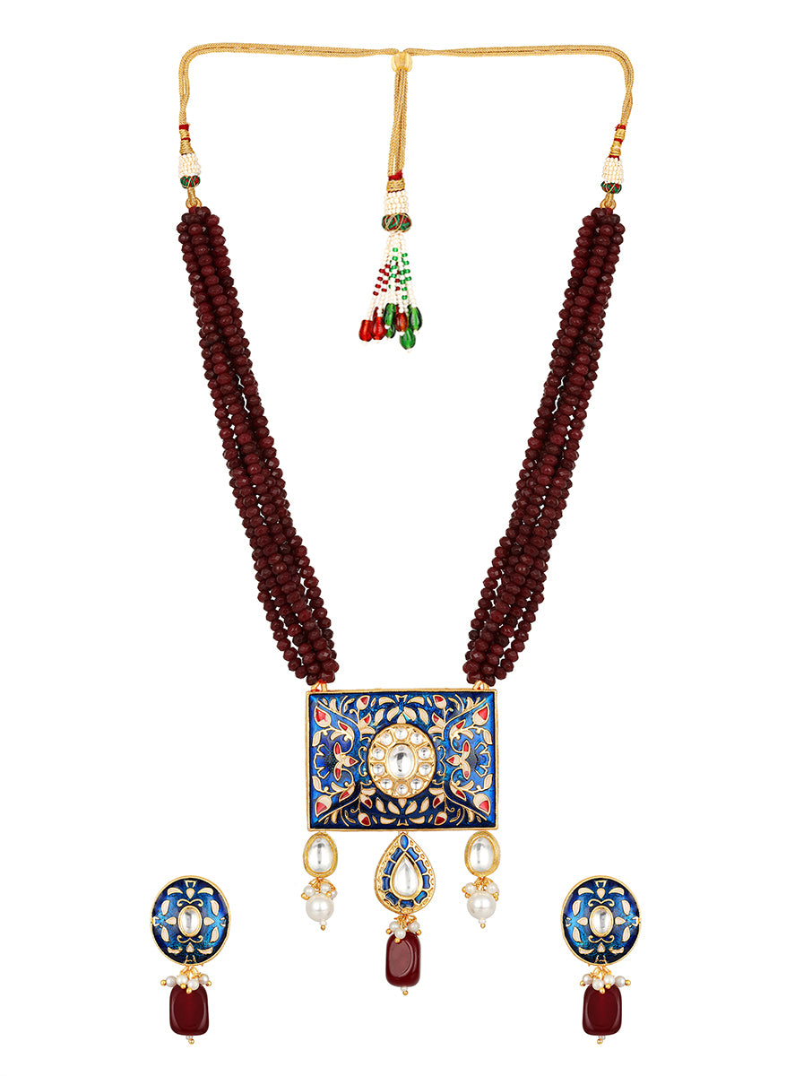Gold polished brass Necklace with Hand-paint meena, Onyx tumbles, Agates, Shell pearls, Kundan Polki