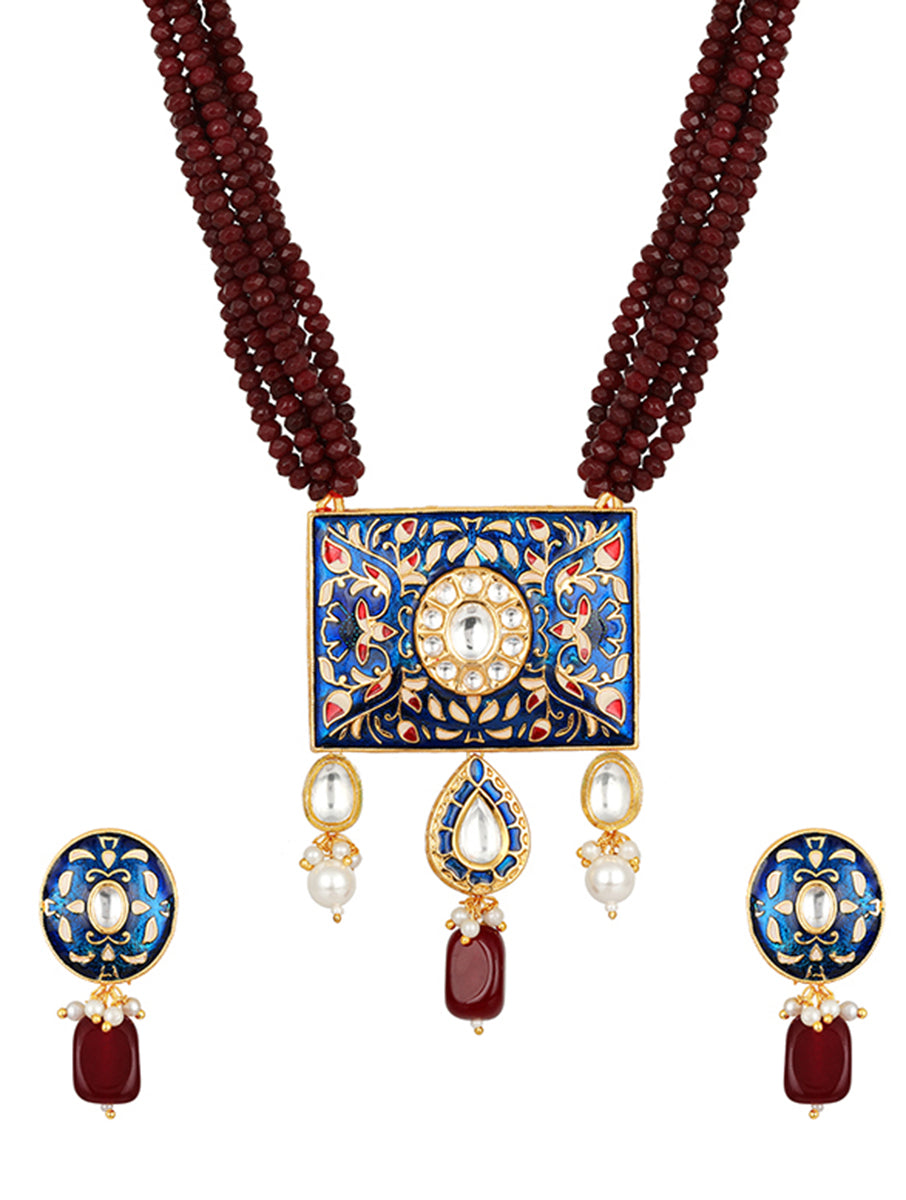 Gold polished brass Necklace with Hand-paint meena, Onyx tumbles, Agates, Shell pearls, Kundan Polki