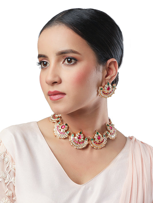 Golden polished brass Necklace with Cherry color Kundan work, Coloured Polki, & Pearls