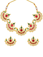 Golden polished brass Necklace with Cherry color Kundan work, Coloured Polki, & Pearls