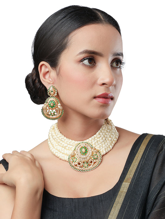 Necklace with Golden polished brass with Cream Kundan Polki & Silk fabric