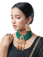Golden polished Necklace with Pearls, Coloured Polki Stones, Pearls, Green Solk Thread