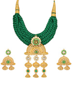 Golden polished Necklace with Pearls, Coloured Polki Stones, Pearls, Green Solk Thread