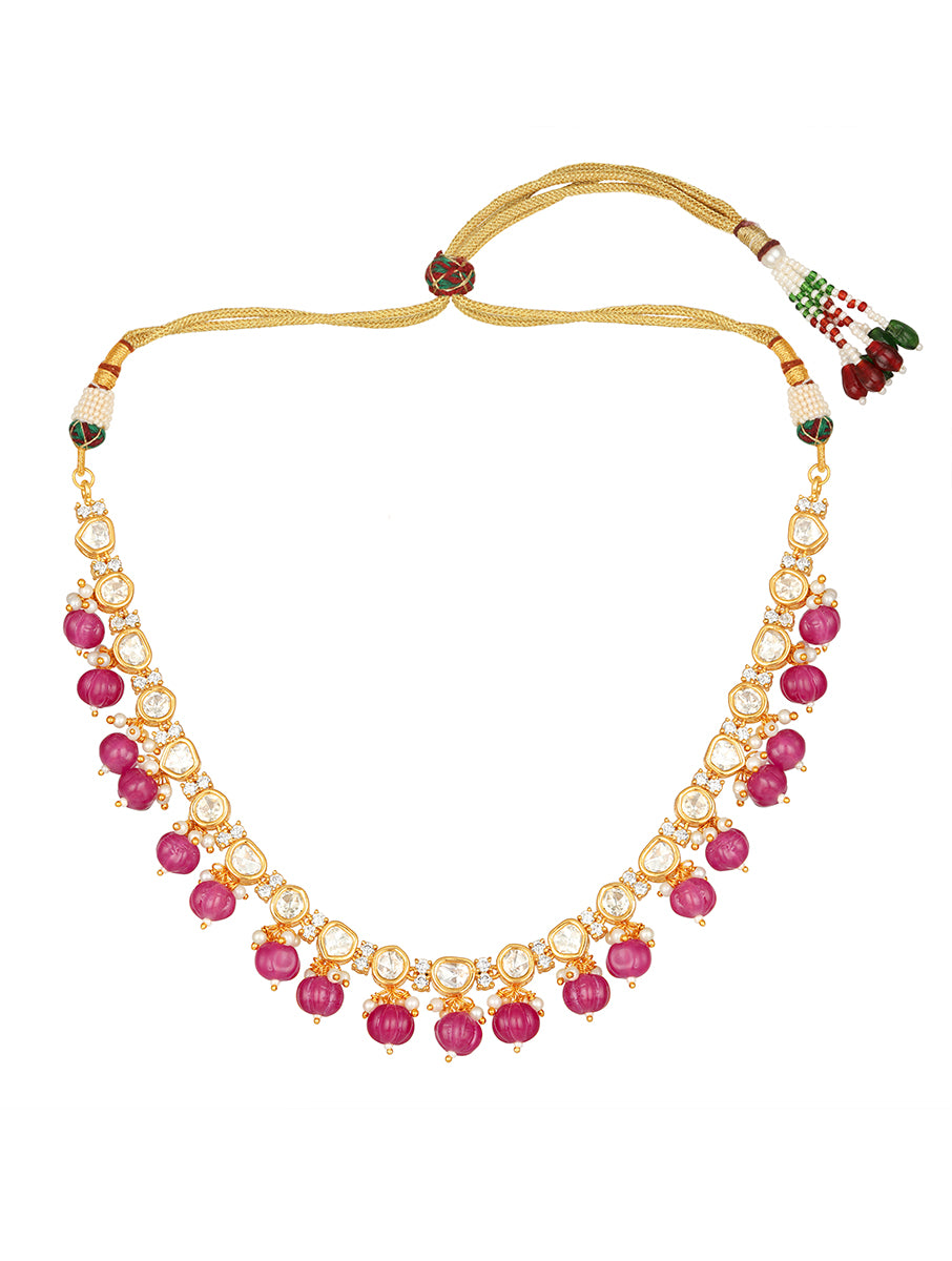 Golden polished brass Necklace with Pink Kundan work & Onyx watermelon tumble