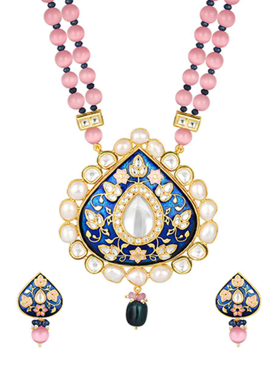 Gold polished brass Necklace with Monalisa Agates, Royal Blue Onyx tumbles, Hand -Paint Meena & Fresh Water Pearls with Pink Kundan Polki