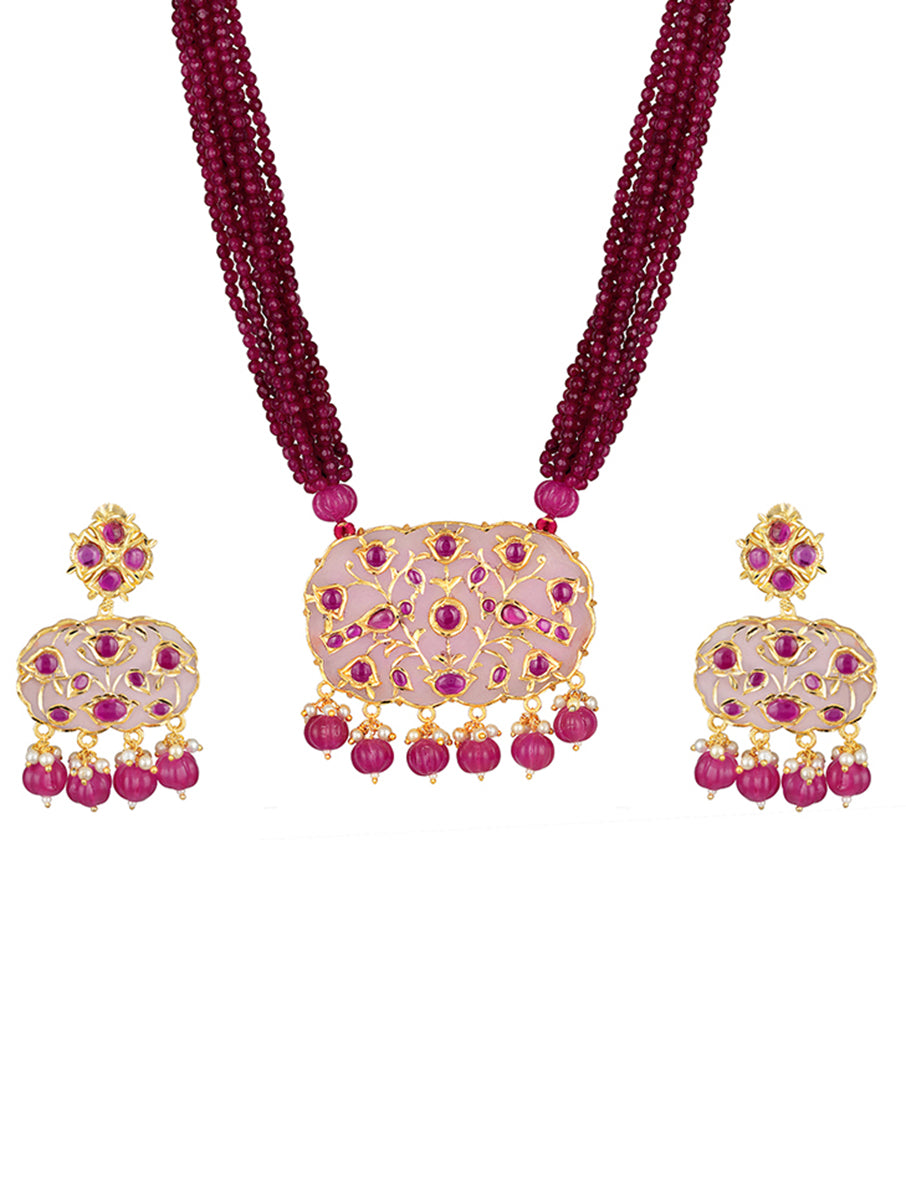 Gold polished brass Necklace with Pink Onyx, Agates, & Blush Pink Onyx watermelon shaped Tumbles, Golden Tourmalines, Kundan Polki