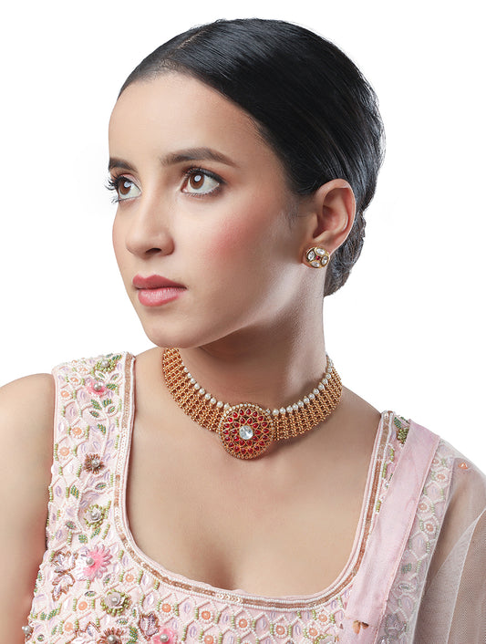 Micron gold polished Necklace with  Golden Kundan, Pearls &  Polki coloured stones