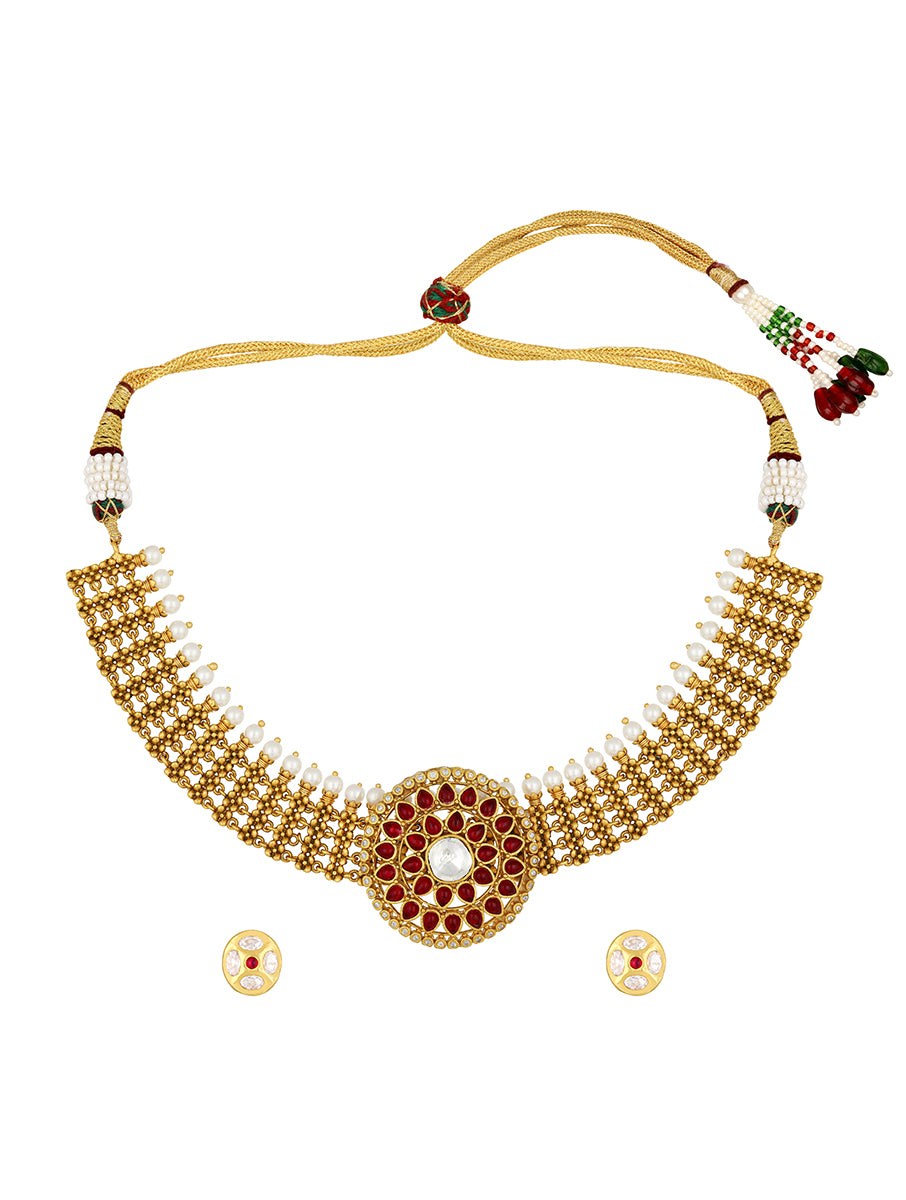 Micron gold polished Necklace with  Golden Kundan, Pearls &  Polki coloured stones