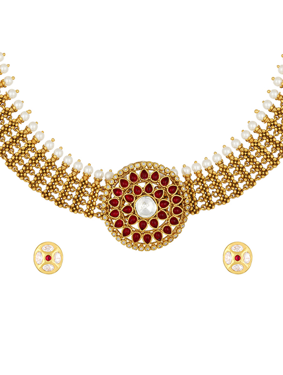 Micron gold polished Necklace with  Golden Kundan, Pearls &  Polki coloured stones