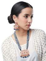 Gold polished brass Necklace with Navy blue Kundan polki work, Hand-Paint meena, Italian crystals, and Onyx, Agate tumbles