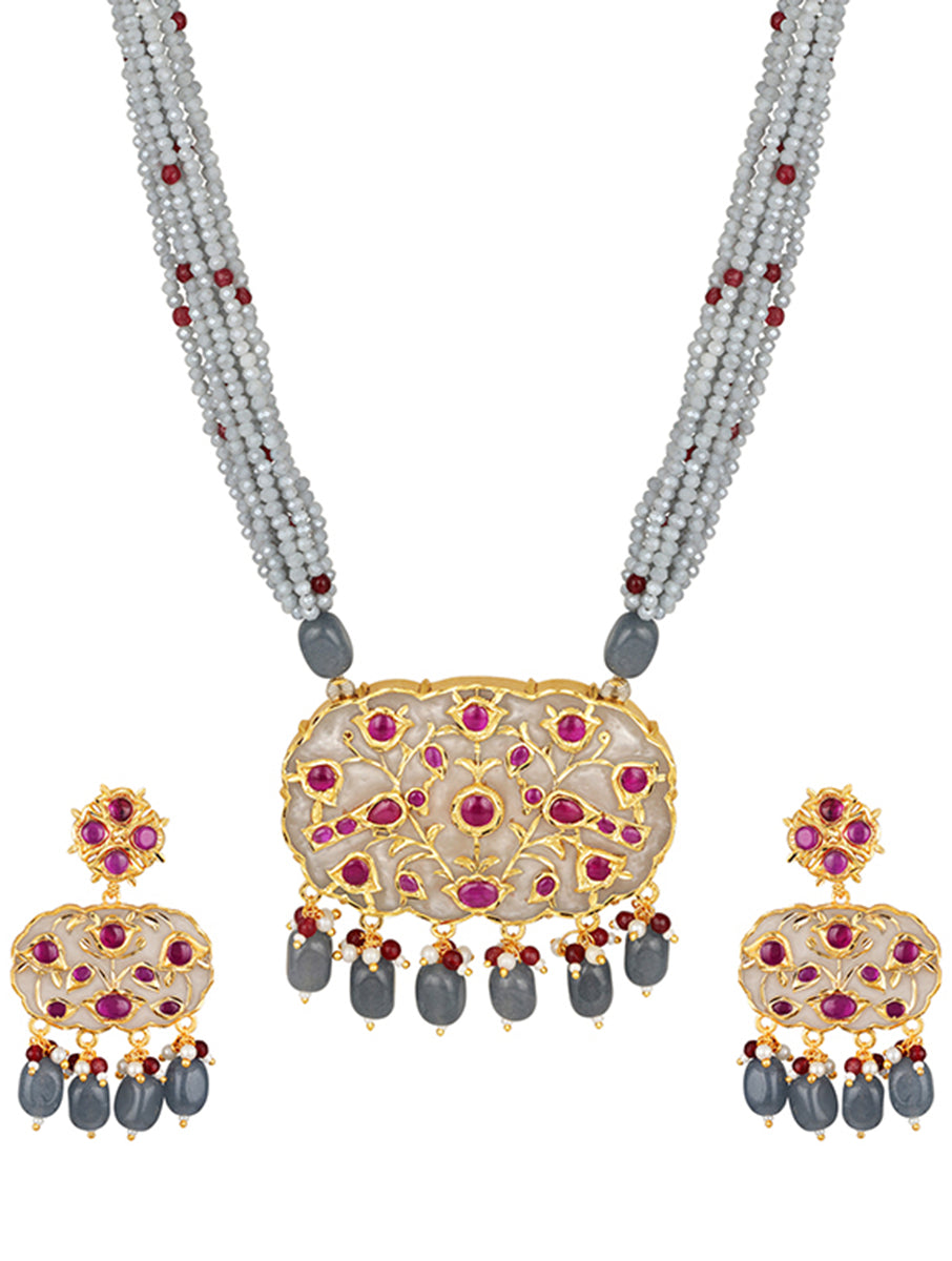 Gold polished brass Necklace with Navy blue Kundan polki work, Hand-Paint meena, Italian crystals, and Onyx, Agate tumbles