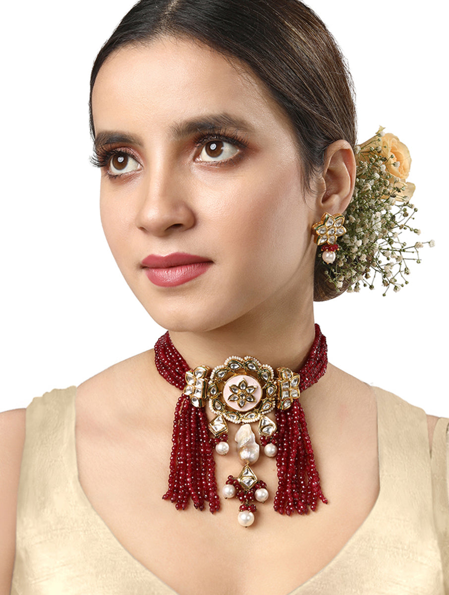 Necklace set in  gold polished with Agates,Shell Pearls, Kundan Polki,Hand-Paint Meena