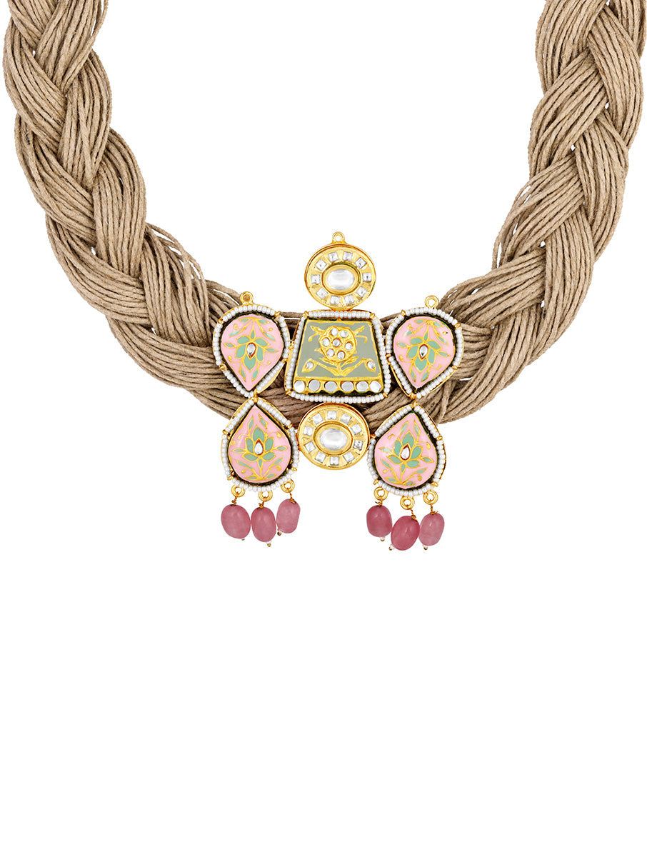 Micron gold polished Necklace with Jute,Meena hand painted, Kundan Polki