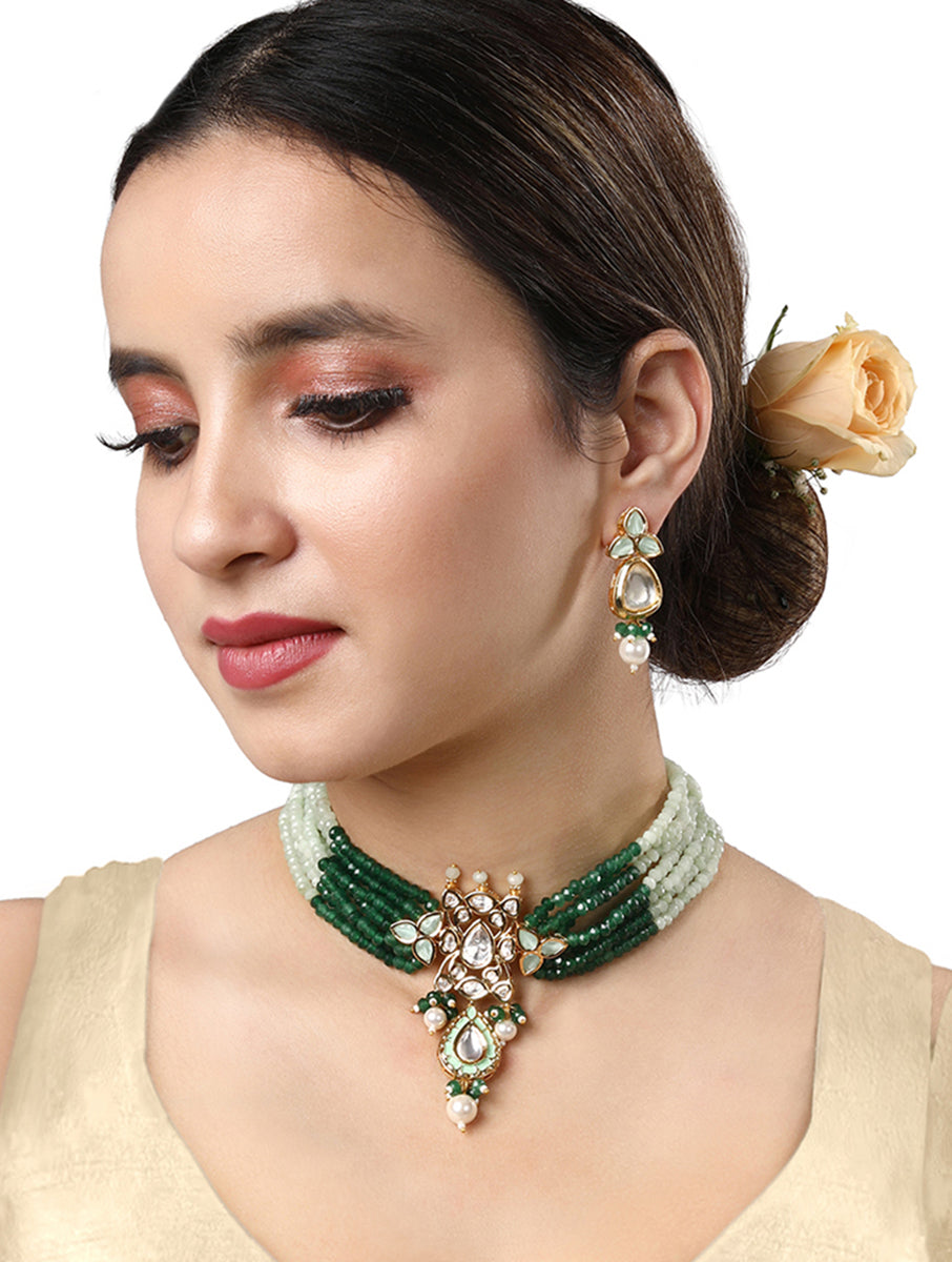 Gold polished Necklace set with Coloured Kundan Polki, Agates, Kundan Polki