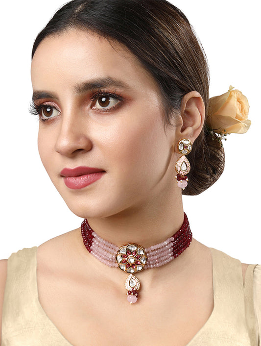 Necklace with  gold polished brass, Hand-paint meena, Onyx watermelon tumbles, Agates, Kundan Polki