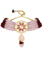 Necklace with  gold polished brass, Hand-paint meena, Onyx watermelon tumbles, Agates, Kundan Polki