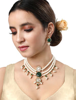 Designer Necklace with gold polished brass, Shell Pearls, Kundan Polki, Onyx Carved Stone with Cz Diamond Border