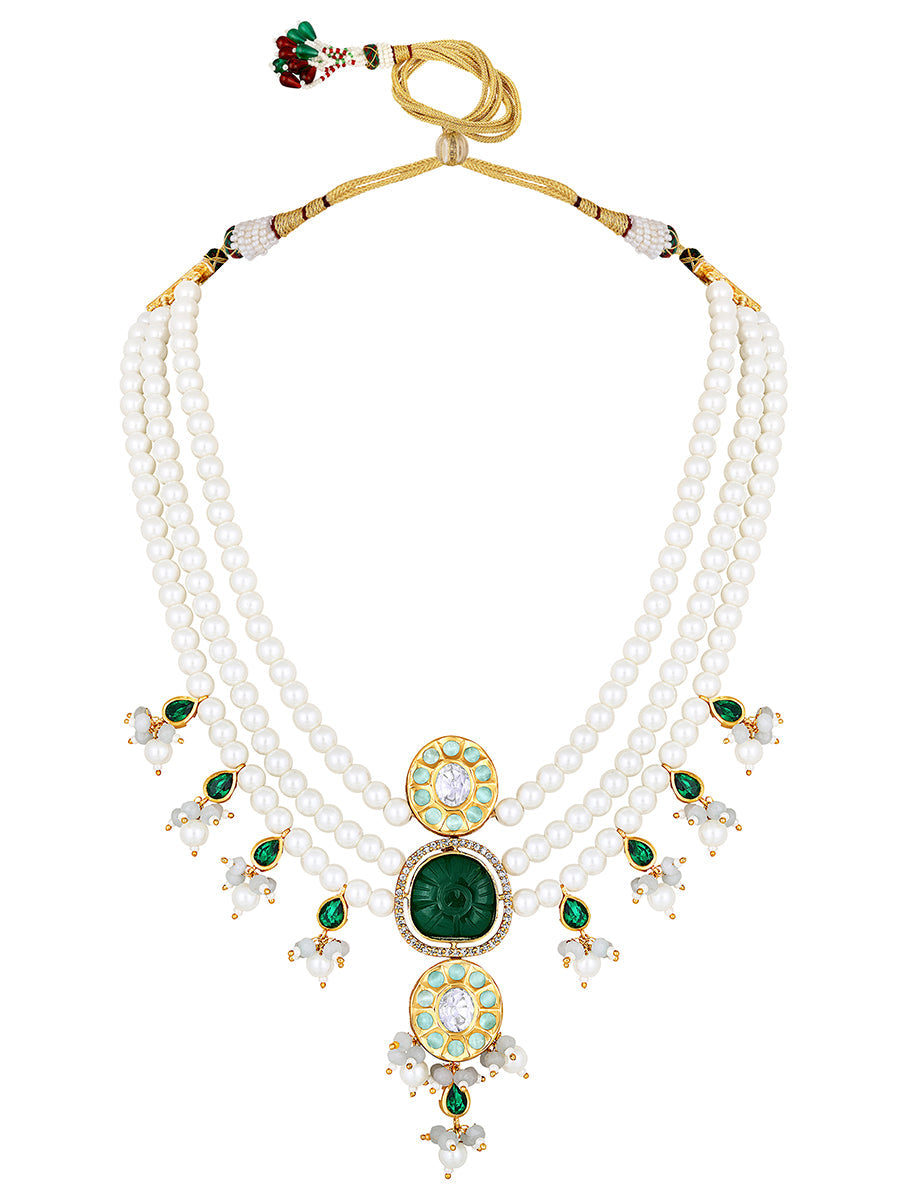 Designer Necklace with gold polished brass, Shell Pearls, Kundan Polki, Onyx Carved Stone with Cz Diamond Border