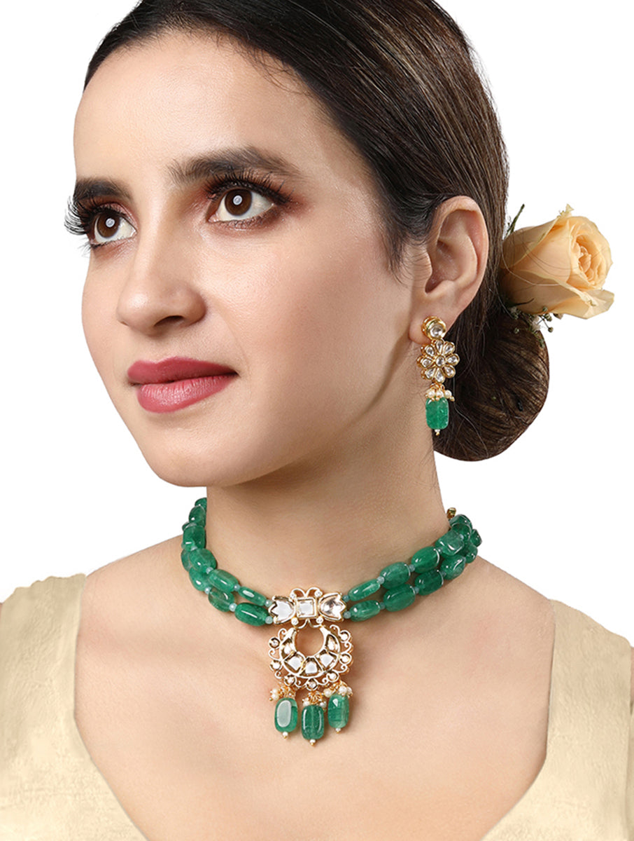 Necklace in  gold polished brass, Kundan Polki, Agate Tumbles, Agates