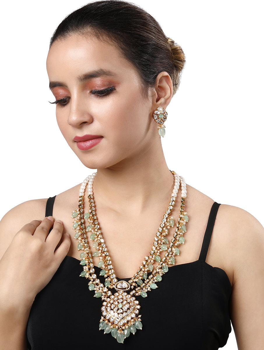 Necklace set with gold polished brass, Kundan polki,  Agate Tumbles, Shell Pearls