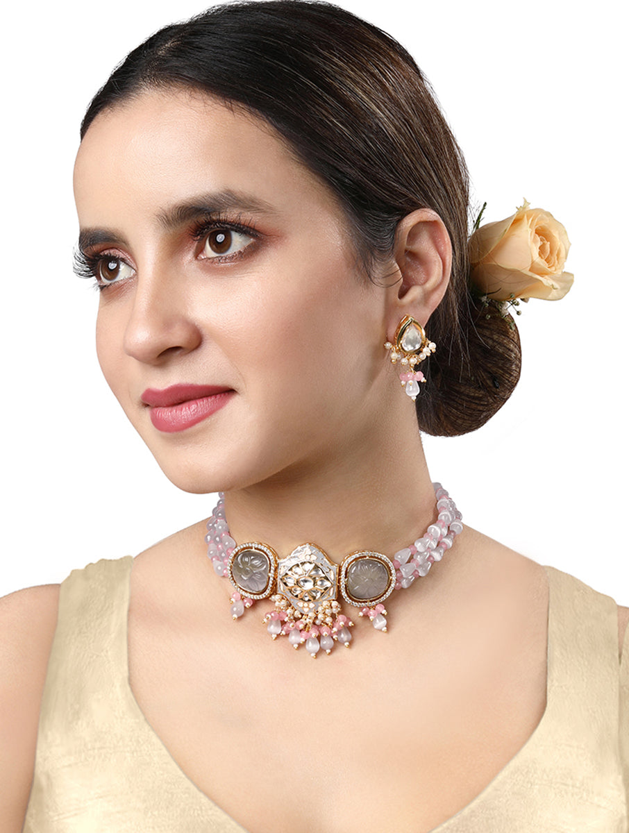 Necklace set in gold polished brass, Kundan Polki, Agates, Monalisa Beads