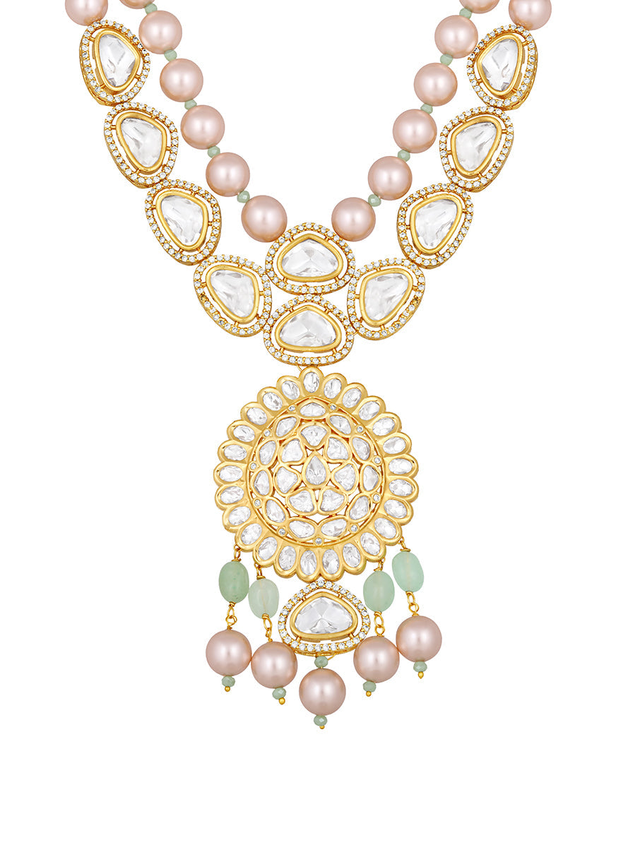 Designer Necklace with gold polished brass, Kundan polki,Shell Pearls, Onyx Tumbles,Kundan Polki Bordered Cz Diamonds