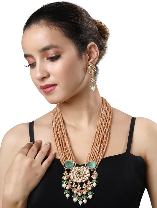 Gold polished brass Necklace with kundan polki,Italian crystal,Shell Pearl, Carved onyx Stone