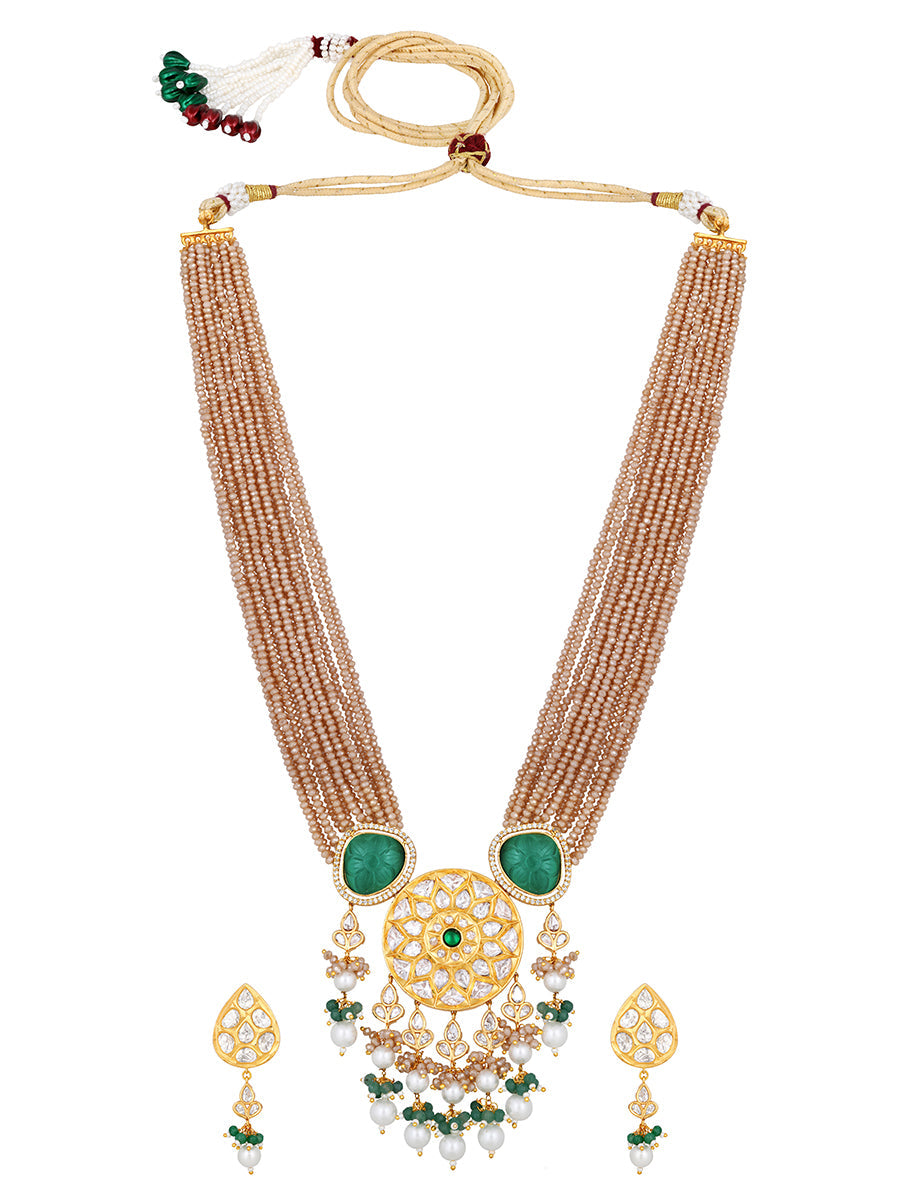 Gold polished brass Necklace with kundan polki,Italian crystal,Shell Pearl, Carved onyx Stone