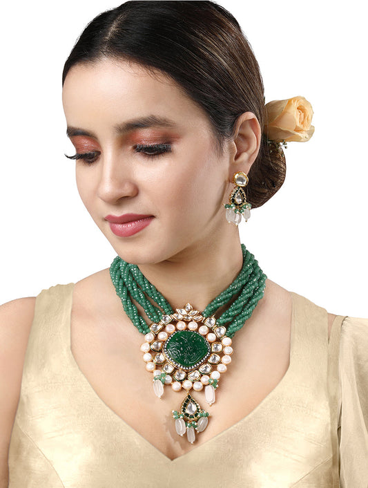 Necklace set with Gold polished brass, Onyx Tumbles, Kundan Polki, Shell Pearls, Agates