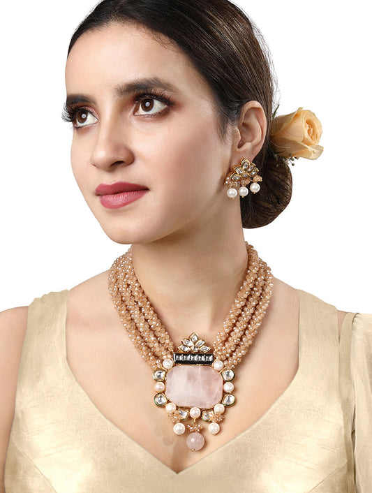 Golden polished Necklace set with Kundan Polki, Shell Pearls,nyx OTumbles, Italian Crystals