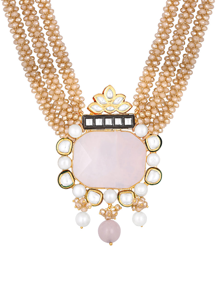 Golden polished Necklace set with Kundan Polki, Shell Pearls,nyx OTumbles, Italian Crystals