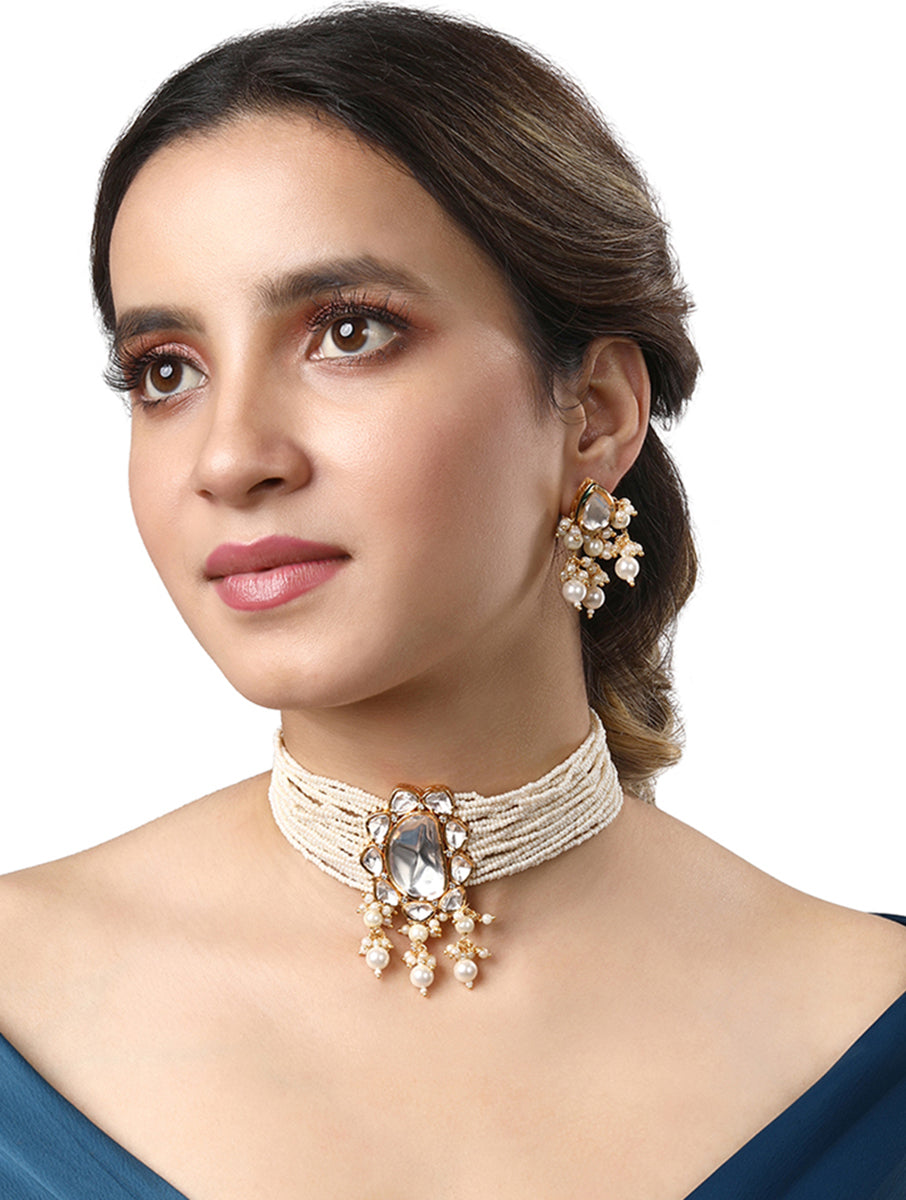Micron Necklace set with Golden polished brass,  Kundan Polki, Shell Pearls