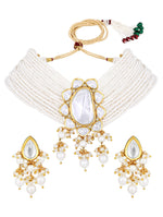 Micron Necklace set with Golden polished brass,  Kundan Polki, Shell Pearls