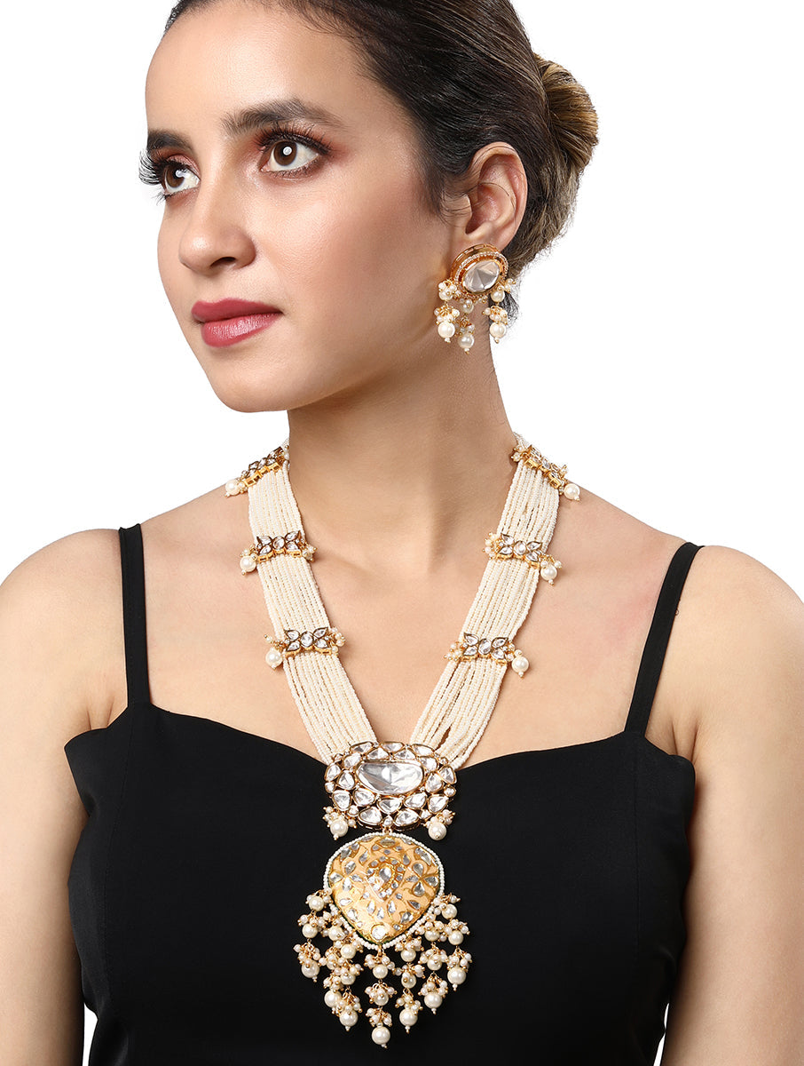 Micron golden polished brass Necklace set with Kundan Polki, Shell Pearls, Hand Painted Meena