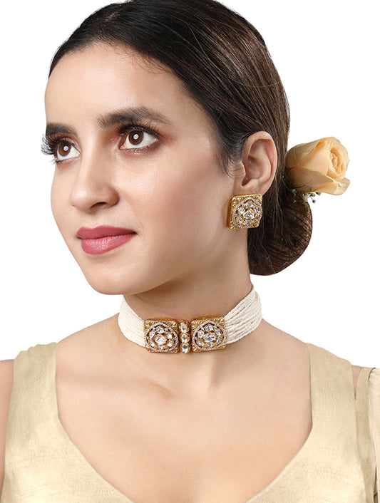 Necklace set with golden polished brass, , Kundan Polki , Pearls