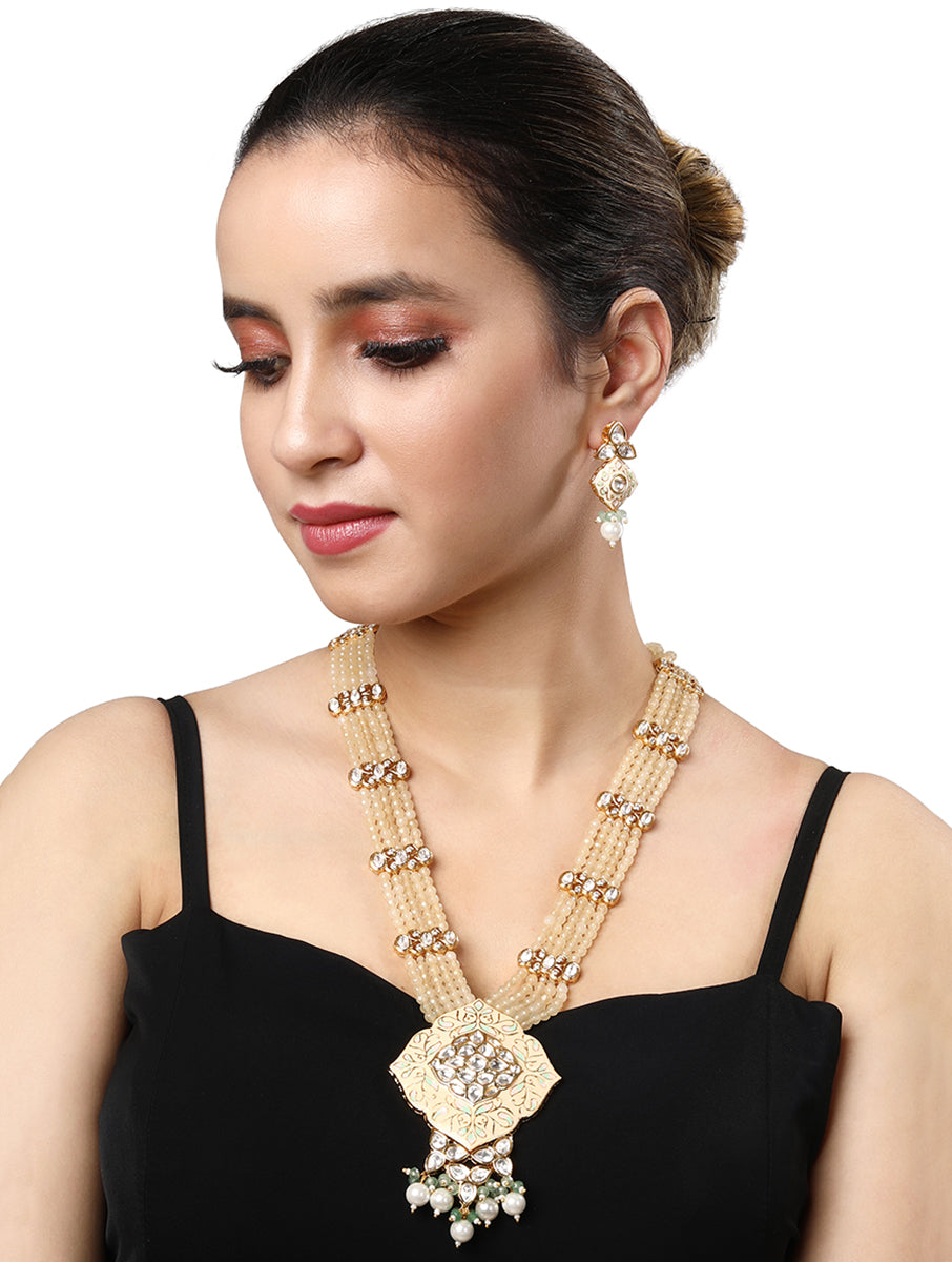 Necklace set with gold polished brass,  Kundan Polki, Shell Pearls, Agates,hand painted meena