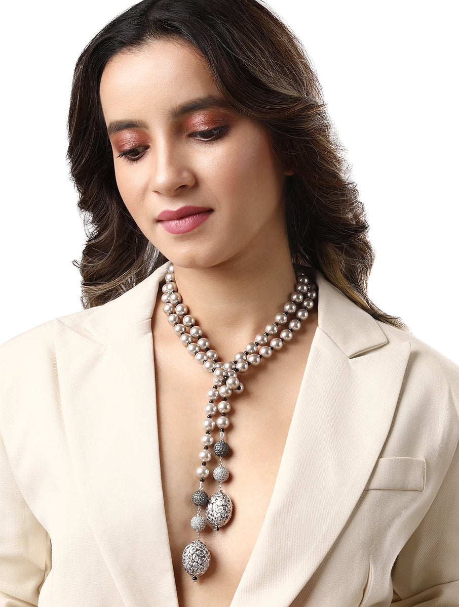 Designer Necklace with Shell Pearls, Agates & Cz Diamond Balls