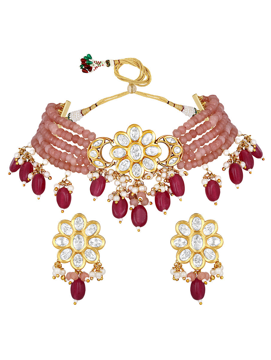 Gold polished brass Necklace with Agates, Kundan Polki, onyx tumbles