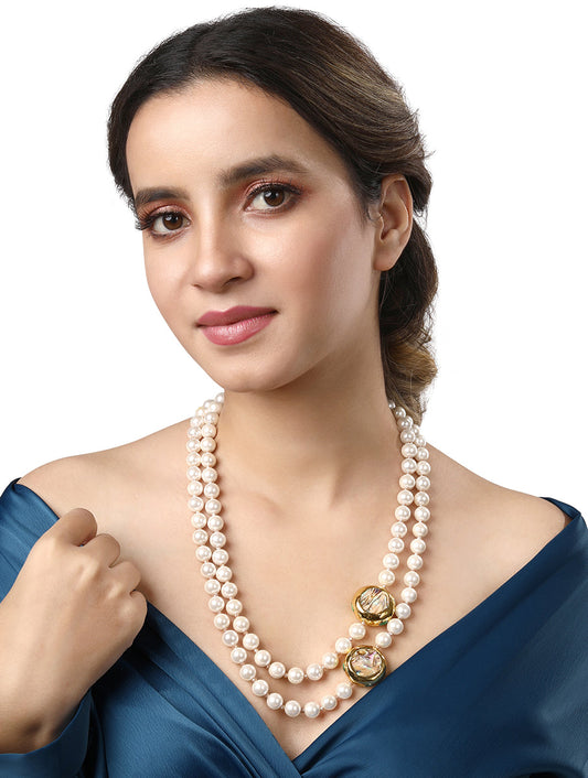 Gold polished brass Necklace with Mother Of Pearl Ball, Shell Pearls & Italian Crystals