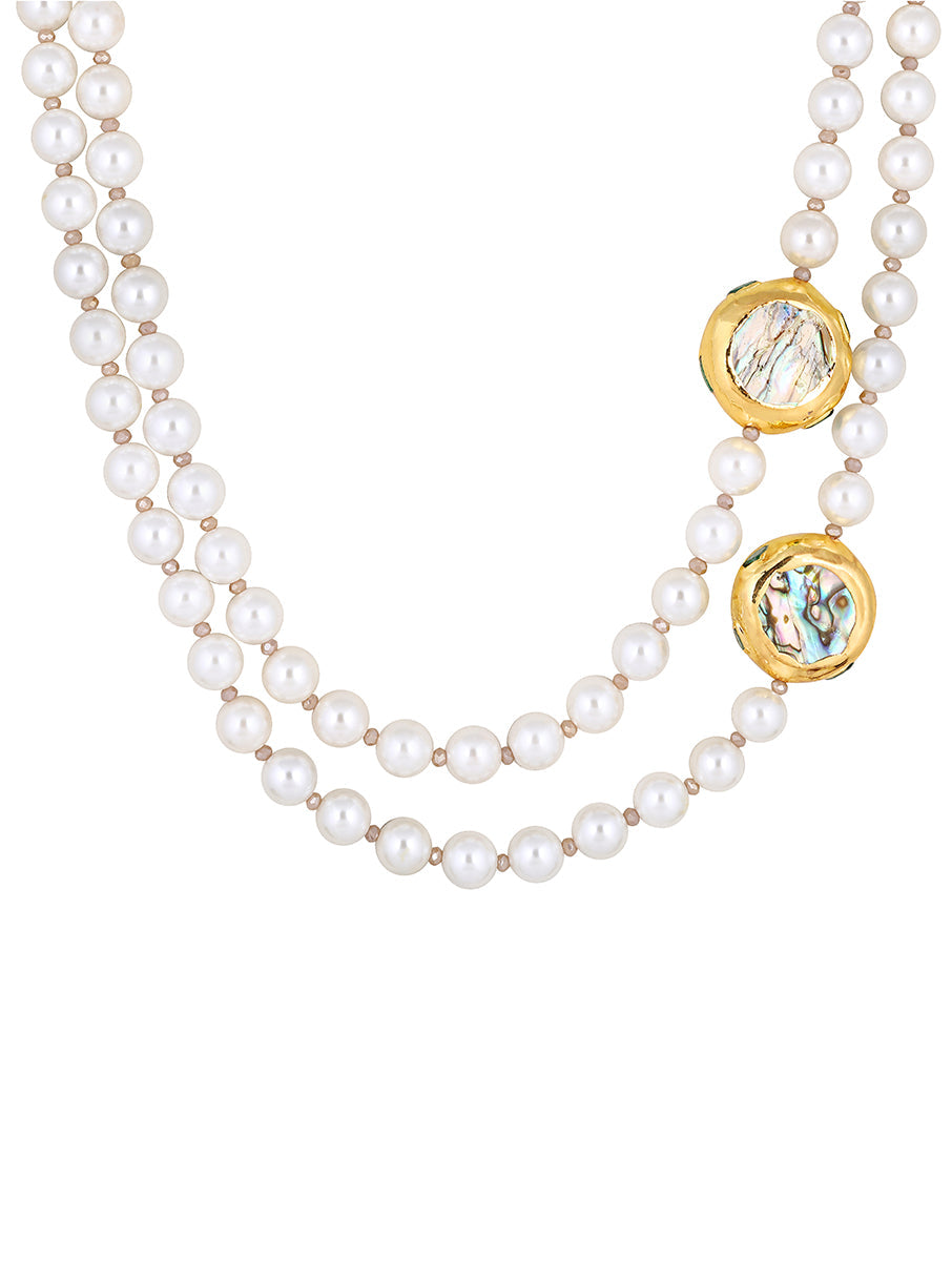 Gold polished brass Necklace with Mother Of Pearl Ball, Shell Pearls & Italian Crystals